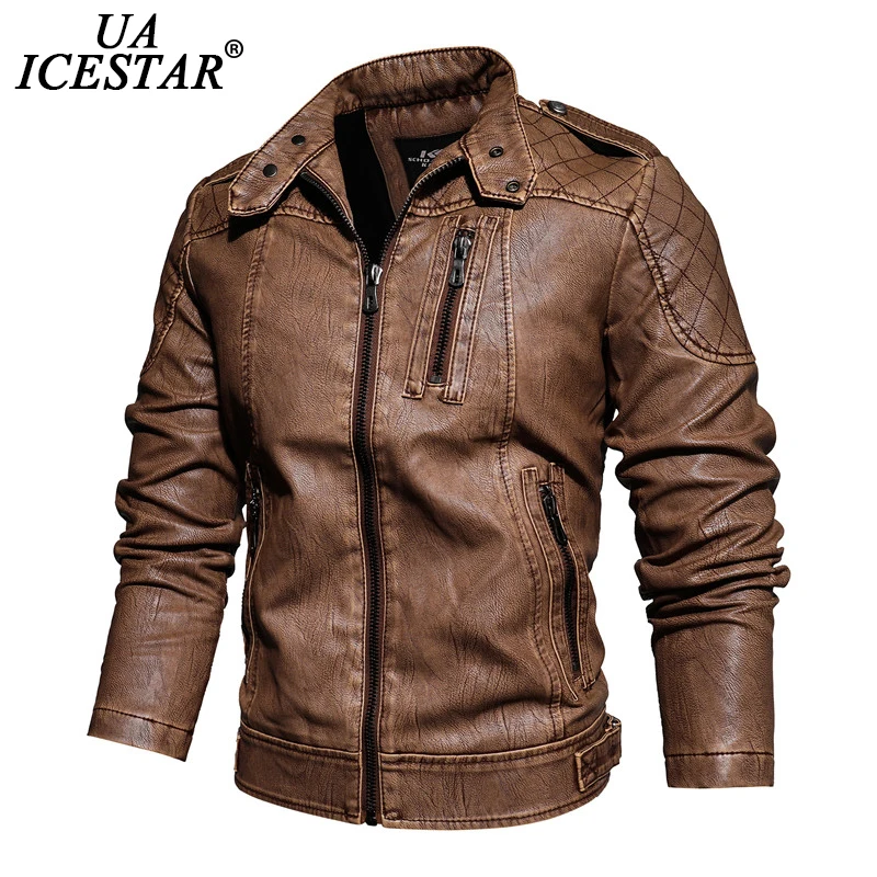 

Мужская кожаная мотоциклетная куртка UAICESTAR, коричневая утепленная флисовая куртка на молнии с карманами, кожаные мужские Куртки из искусст...