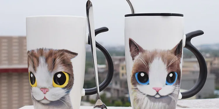 Милые Мультяшные керамические чашки с котом, мультяшная кружка, креативная, 600 мл, большая емкость, чашка для воды, молока, чашки для влюбленных, кофейные чашки, ложка с крышкой
