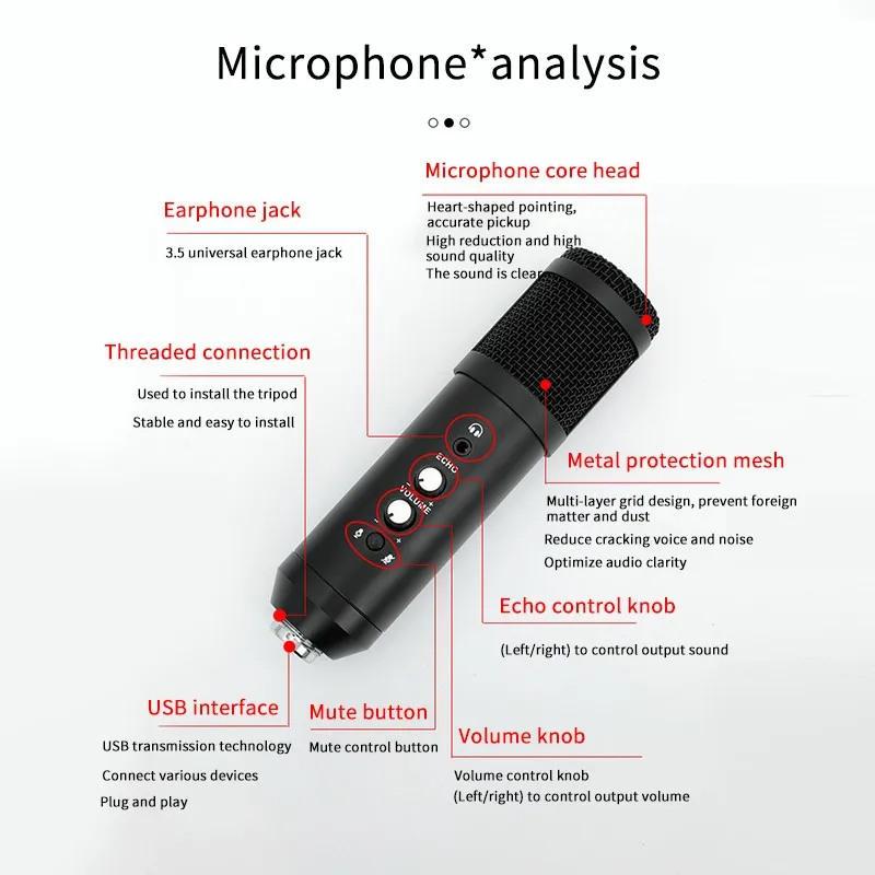 

USB Condenser Microphone Computer Game Metal Microphones for Desktop Laptop Recording Studio with Mute Button