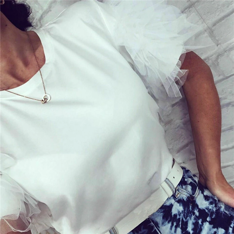 Fashion New Ladies Frill Tulle Tiers Mesh Sleeve Summer Cotton T-Shirt Top Novelty T shirt Robe Femme | Женская одежда