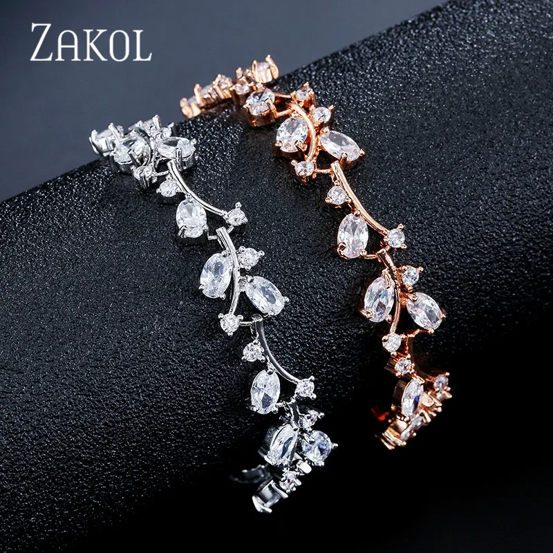 Женский браслет ZAKOL модный из кубического циркония с листьями и цепочкой белого