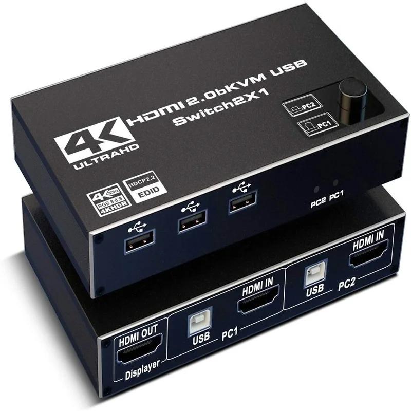 

KVM switcher 4K 60Hz USB computer monitor 2 in 1 out keyboard mouse USB share 2 Port switcher