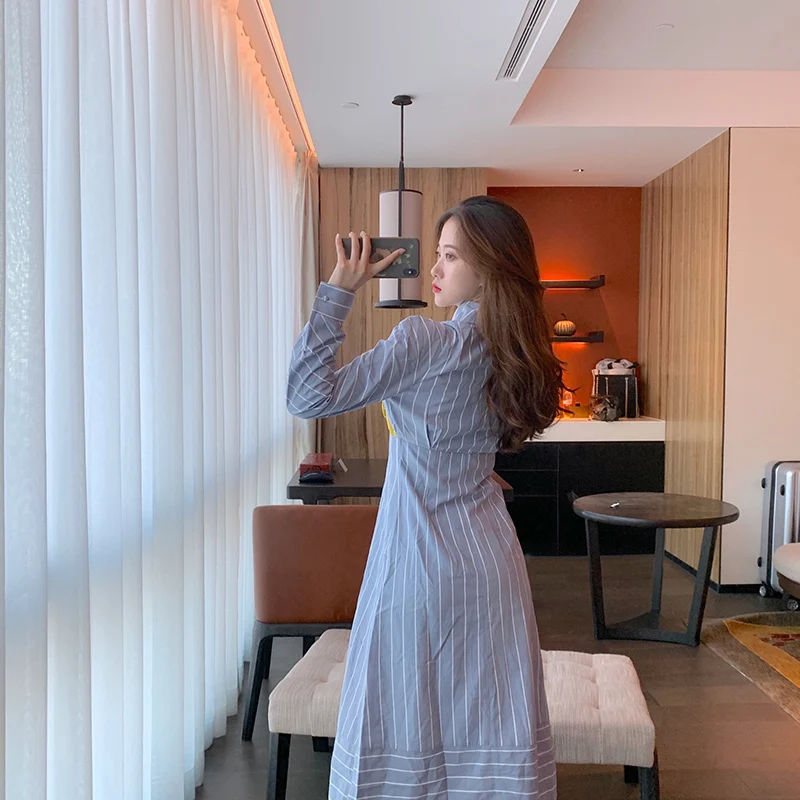 Женское однобортное платье в полоску длинное ажурное платье-рубашка с длинным