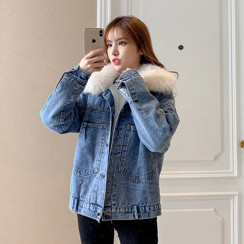 Женская джинсовая куртка DAYIFUN зимняя кашемировая из овечьей шерсти в Корейском