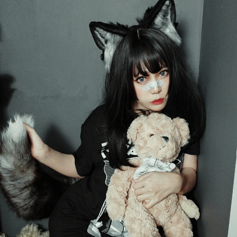 Новинка обруч для волос ручной работы с животными чёрная лиса волк волки уши