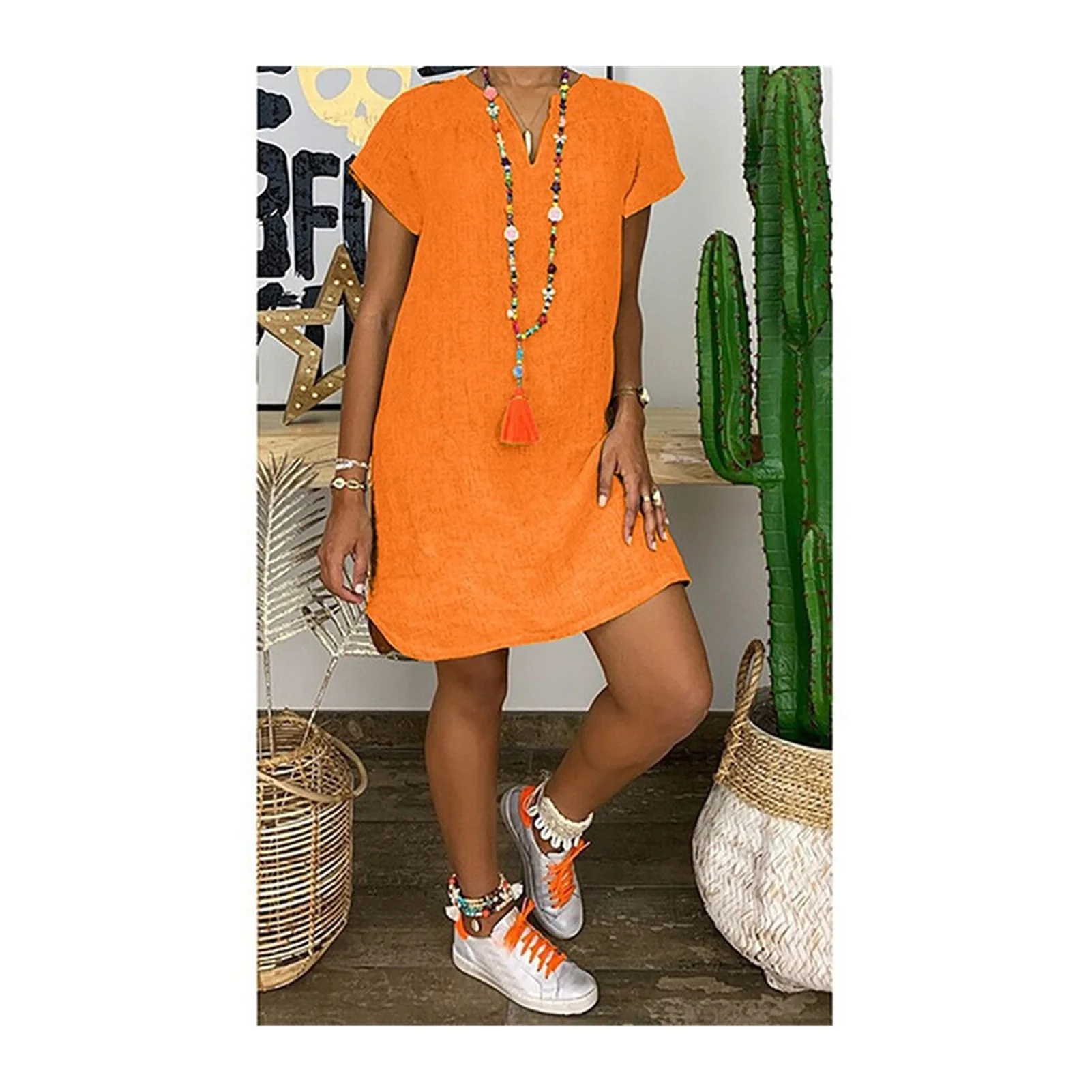 

2021NEW Women Dress Casual Short Sleeve Loose V Neck Mini Dress Summer Beach Sundress Solid Dresses Ladies Pullover Dress