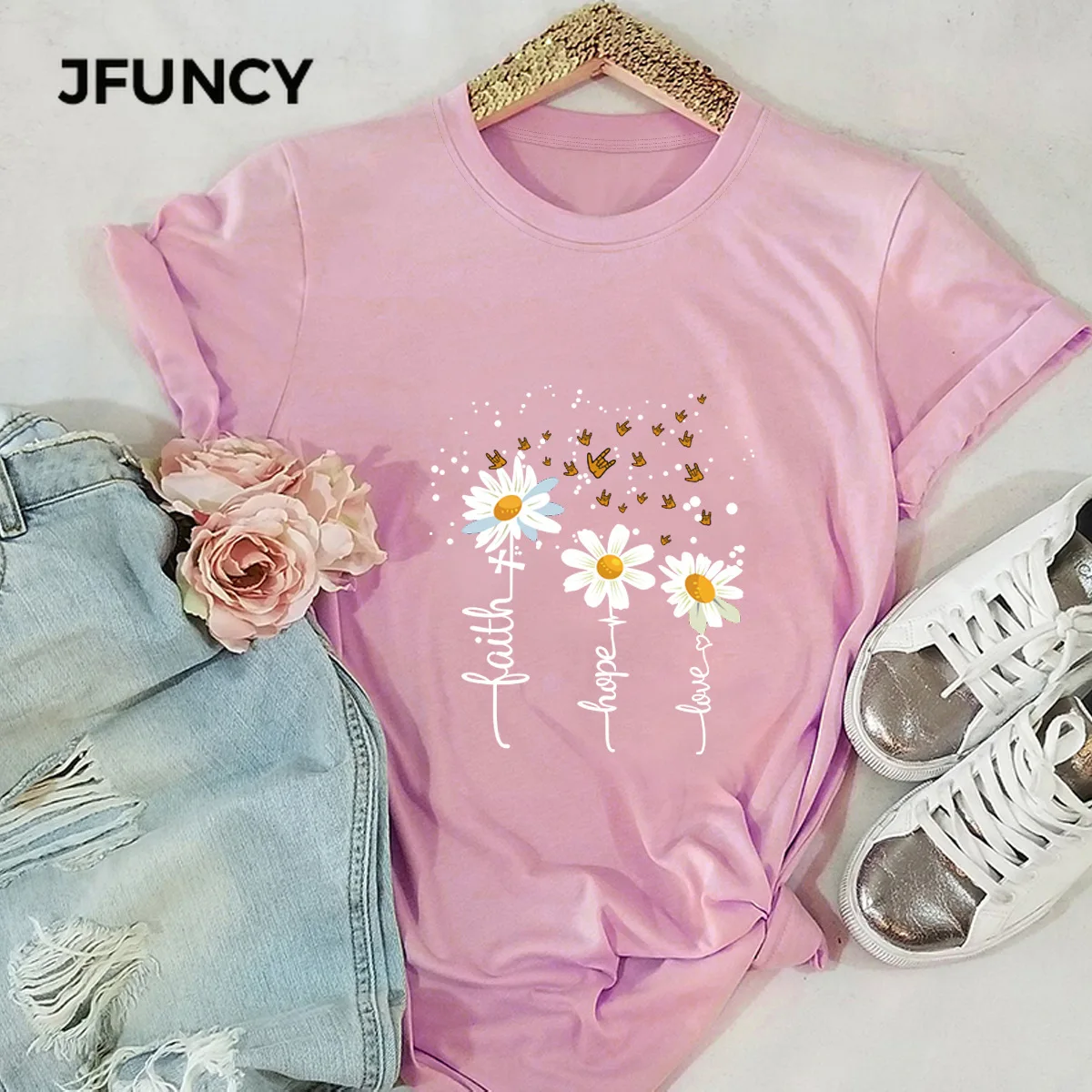 JFUNCY Daisies Print T Shirt Women Summer Shirts 100% Cotton Short Sleeve Woman T-shirt Oversize Casual Female Tees Tops