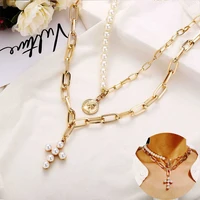 charm imitation pearl pendant necklace for women 2020 trendy gold color chain clavicle chain necklace statement jewelry