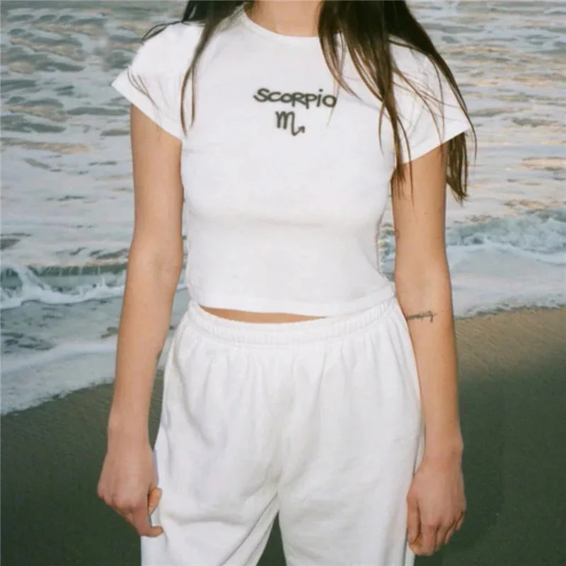 Тонкая рубашка в стиле Харадзюку с изображением двенадцати созвездий рубчик Y2K