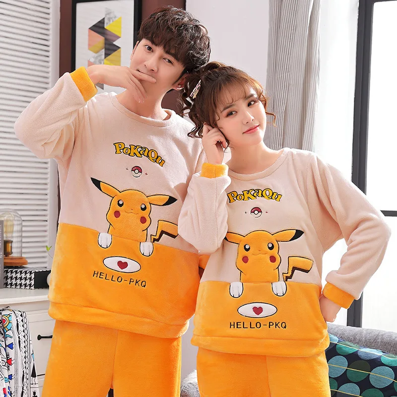 Winter Couple Pajamas Women Coral Cartoon Lovely Flannel Housewear Set | Женская одежда