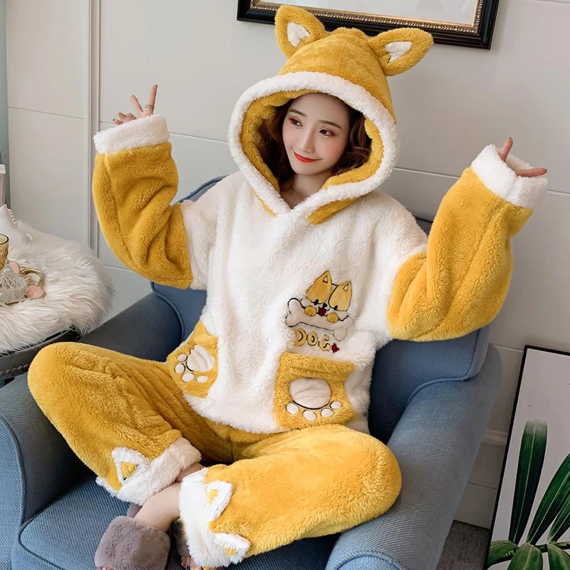 Женский пижамный комплект женская пижама толстая фланелевая Милая одежда с