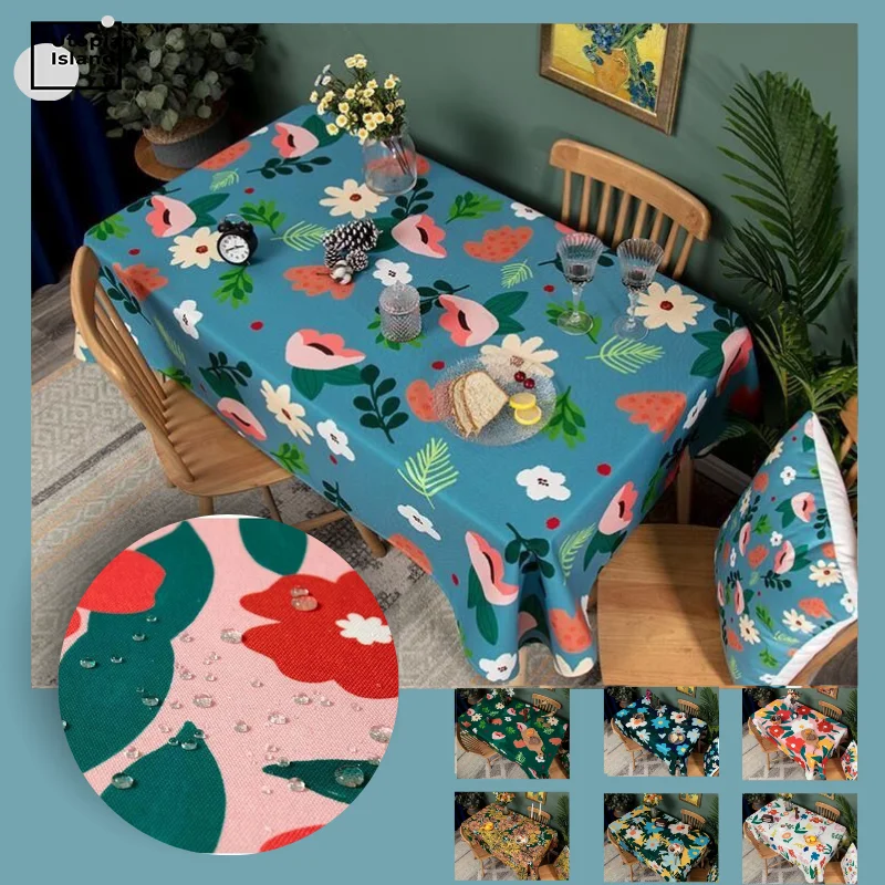 Прямоугольная скатерть с цветочным рисунком льняная для стола