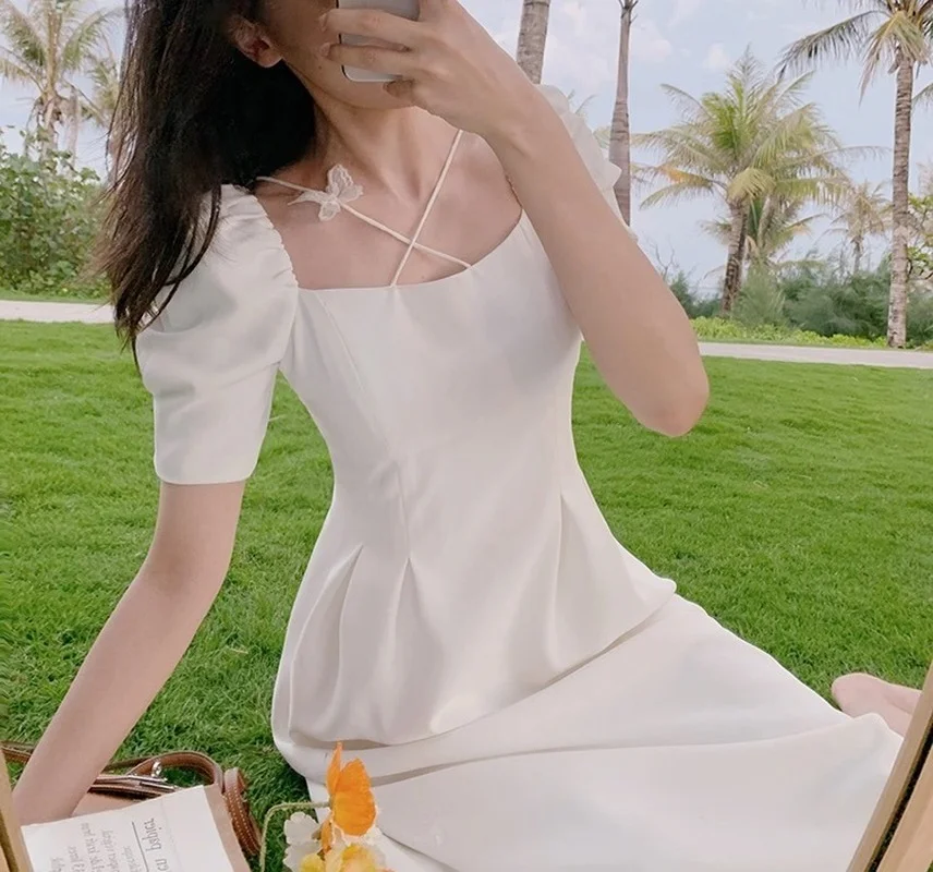 

Robe froncee en Satin a manches bouffantes pour femme tenue Sexy a col Robe longue de couleur unie pour femmes Vintage