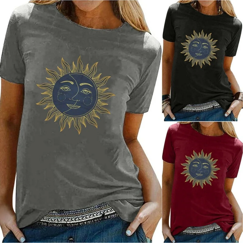 

New Womens Ladies Sun Print Summer Short Sleeve T-shirt Casual Basic Tops Blouse