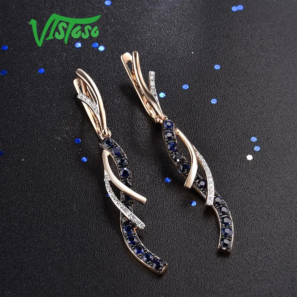 Серьги VISTOSO, золотые, для женщин, Аутентичные, 14 K, 585, розовое золото, сверкающие бриллианты, блестящие, синие, сапфировые серьги-висюльки, ювелирные украшения