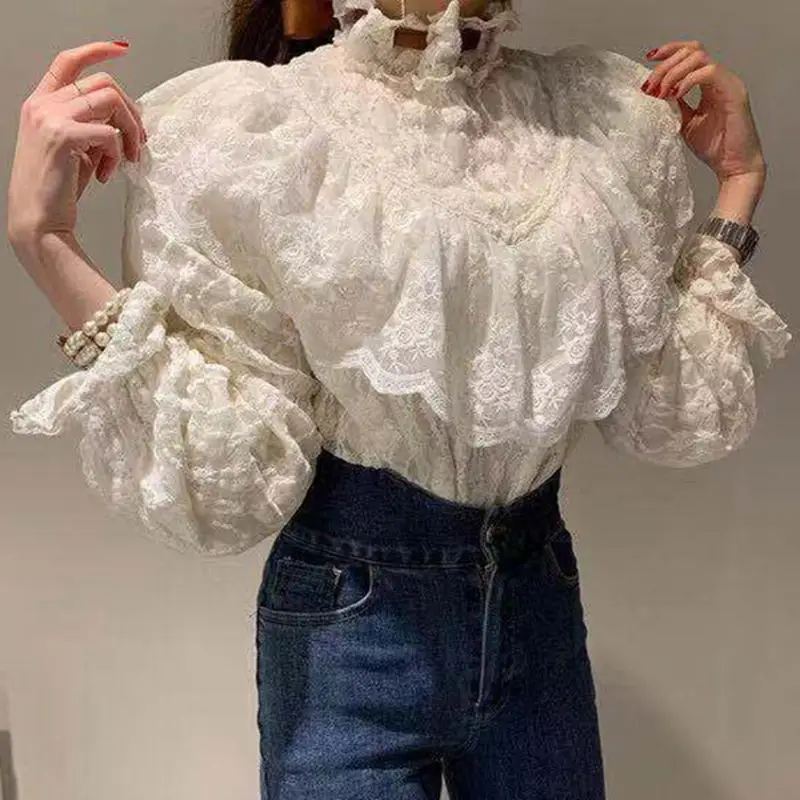 RealShe белая блузка женская с длинным рукавом и оборками сплошная шикарная