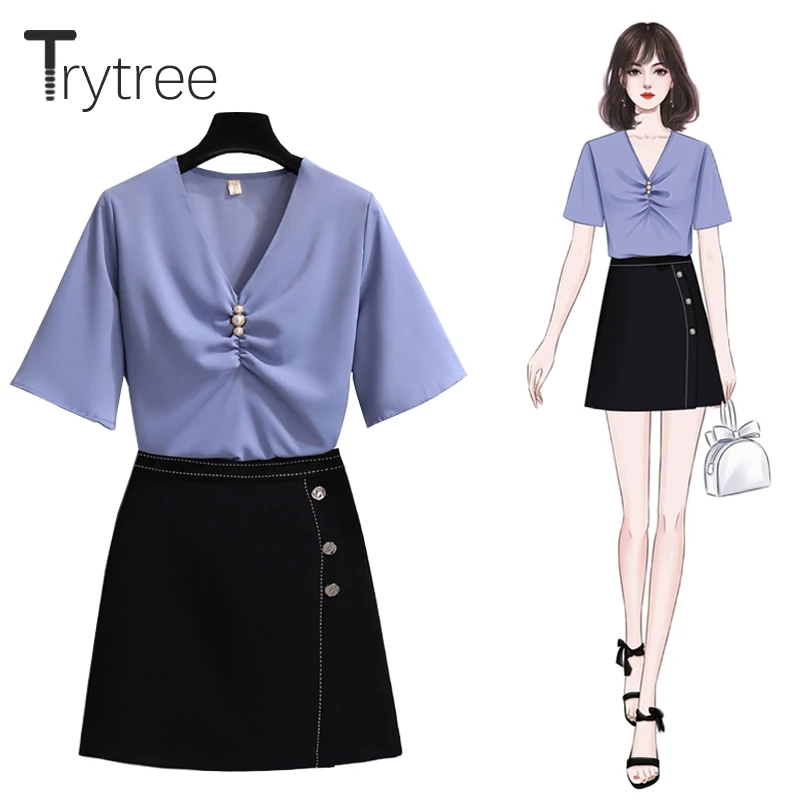

Женский костюм-двойка Trytree, повседневный шелковистый топ с V-образным вырезом и жемчужинами и трапециевидная мини-юбка, на молнии, однотонны...