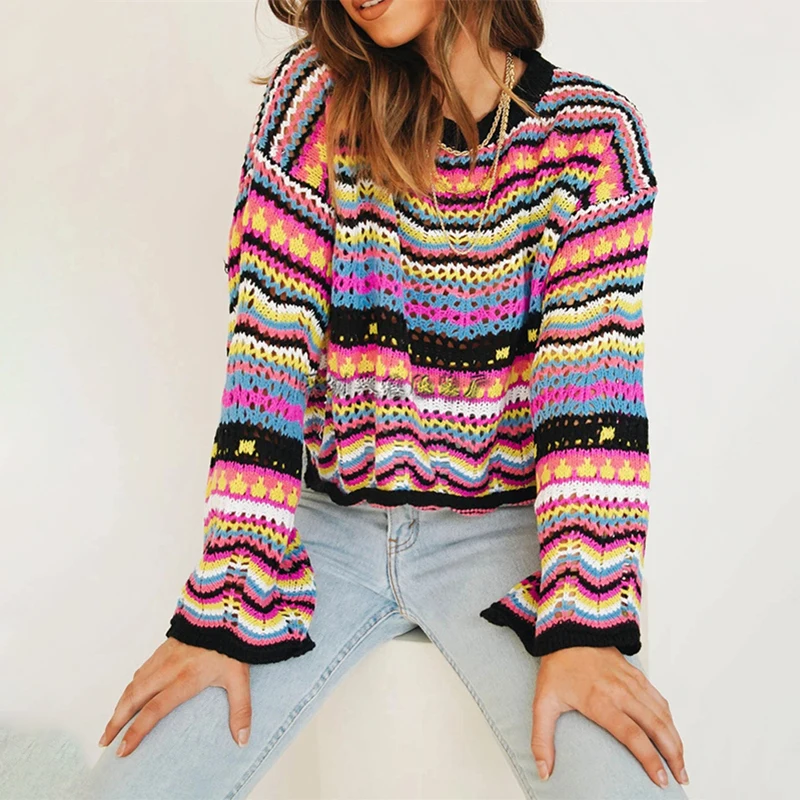 

Women Hollow Out Striped Sweaters Round Neck Long Sleeve Kint Tops Autumn Winter Outfits Jumpers Korean Fashion Pullovers Mujer