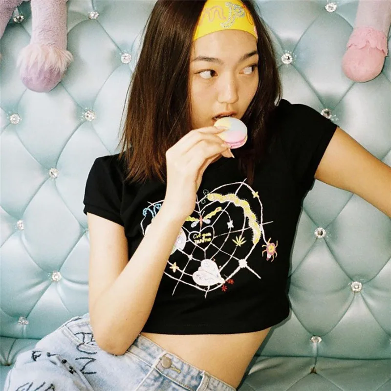 

Personality Butterfly Print Women Summer Slim Tshirt Short Sleeve Fashion Printed Crop Top Street T-shirt Woman Short Tee Tops