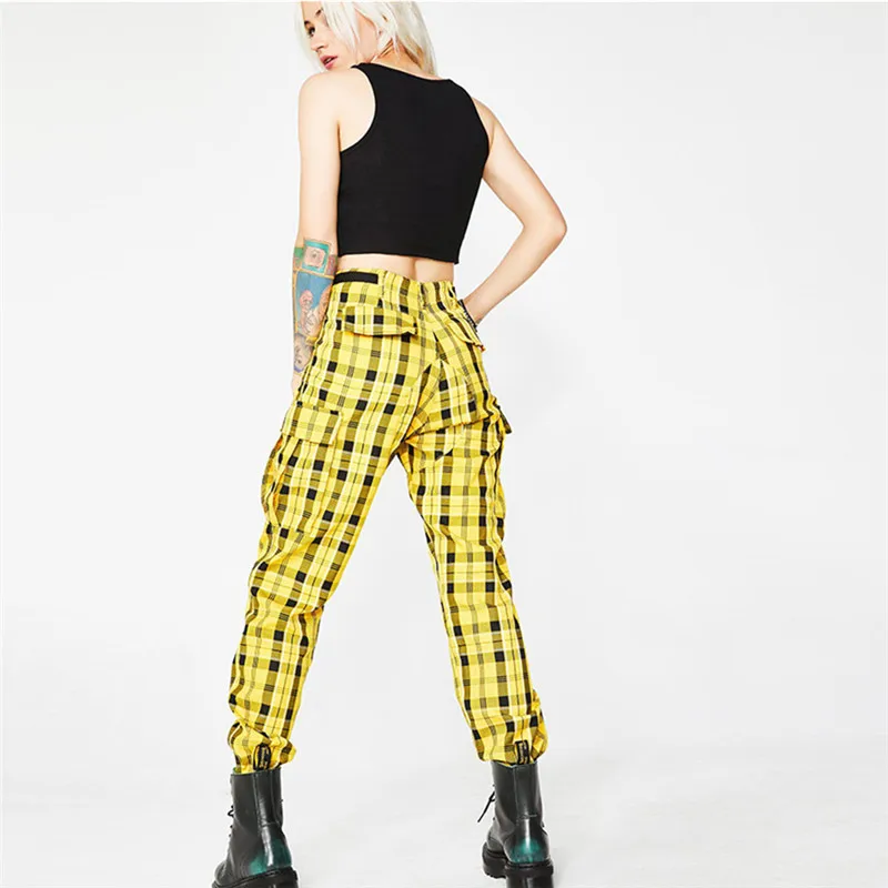 Желтые клетчатые Свободные повседневные брюки-карго модные женские брюки в