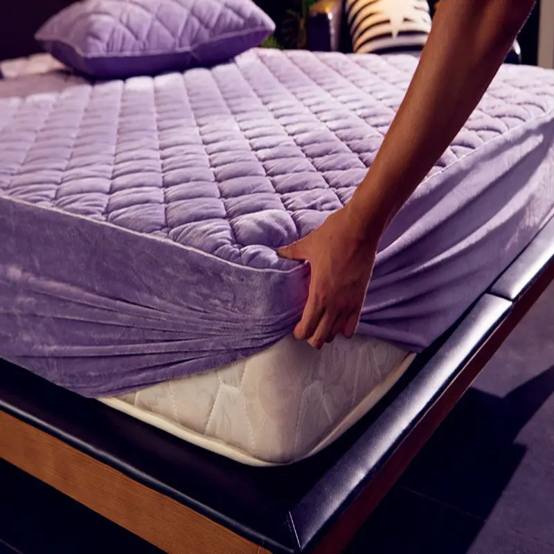 

Plush Thicken Quilted Mattress Cover Warm Soft Crystal Velvet King Queen Quilted Bed Fitted Sheet Not Including Pillowcase
