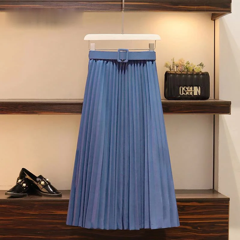

High Waist Women Skirt Casual Vintage Solid Belted Pleated Skirts Lady 11 Colors Fashion Simple Saia Mujer Faldas 2021