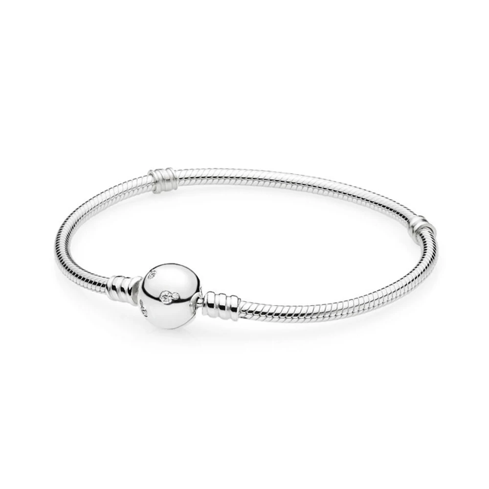 

NEW 100% 925 Sterling Silver Snake Chain Round Bracelets Clear CZ Fit European Charm Beads for Women Original Gift Diy Jewelry