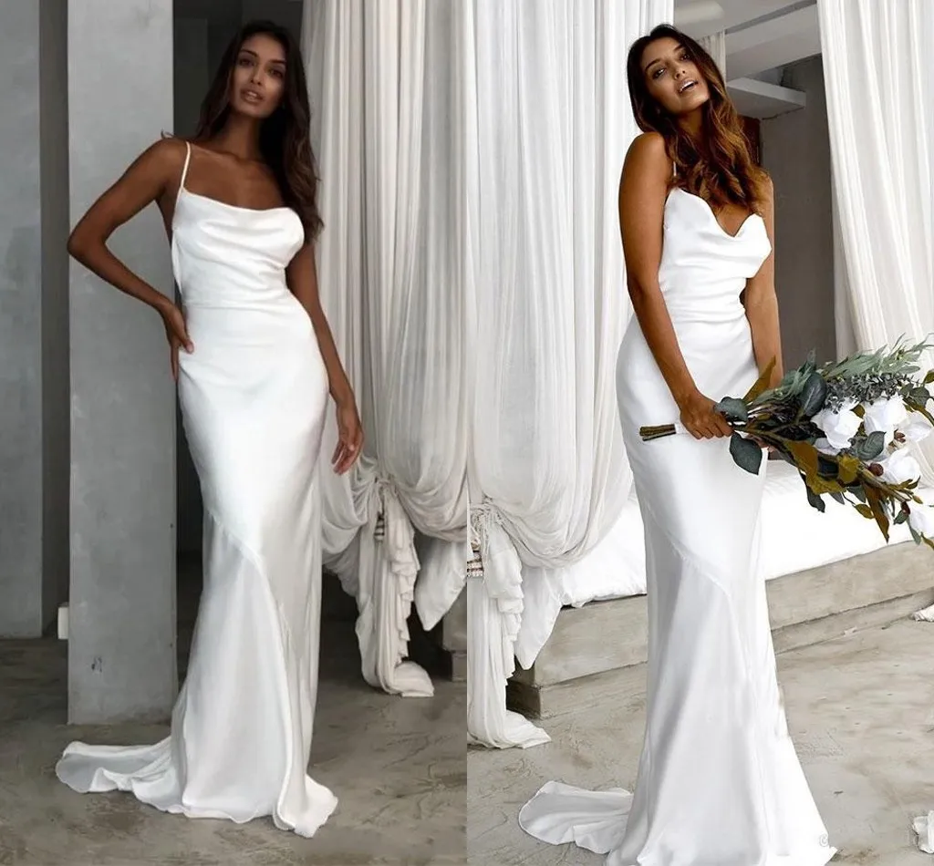 

Sexy Cheap Simple Spaghetti Straps Wedding Dresses Satin Bridal Gowns Floor Length Open Back Plus Size Wedding Dress Vestido