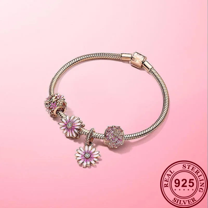 

2020 New 925 Pure Silver Rose Gold Shining Daisy Pan Bracelet Set Fashion Romantic Sweet Gift