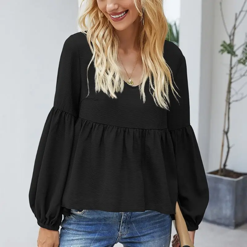 

Women Fashion Bubble Long Sleeve Blouse Sexy V-Neck Loose Tops Solid Color Casual Shirt S-XL