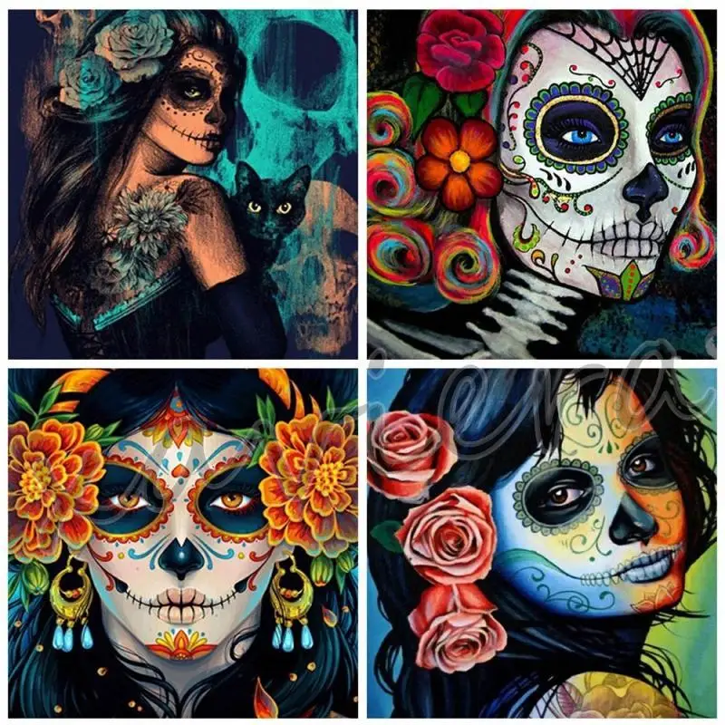 

Xaviera 5D Diy Diamond Painting Skull Flower Embroidery Woman Skeleton Portrait Full Square Drill Mosaic Cross Stitch Rhinestone