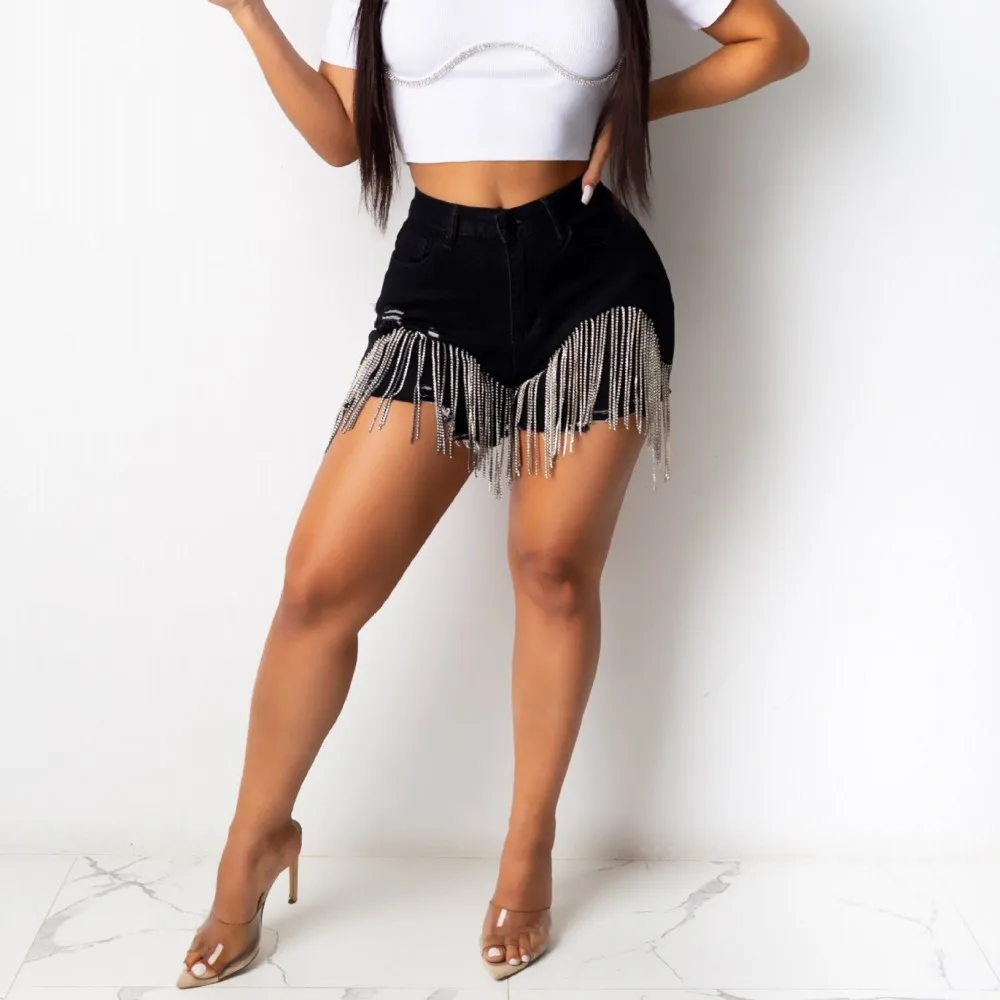 

Sparkling Women Hot Drilling Clubwear Short Jeans 2021 Summer New Arrivals High Waist Tassels Lady's Skinny Denim Shorts