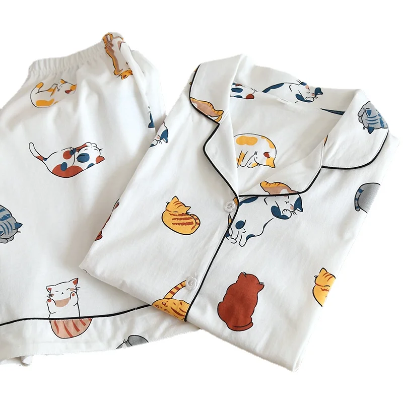 

New 100% Cotton Short-sleeved Shorts Ladies Pajamas Set Cute Cartoon Pajamas Japanese Simple Short Pajamas Women Home Service