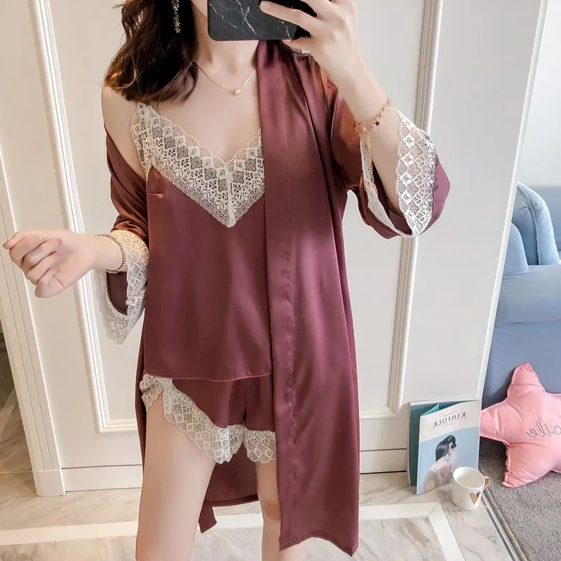 Атласное ночное белье кружевное 4 шт. комплект для сна женская ночная рубашка