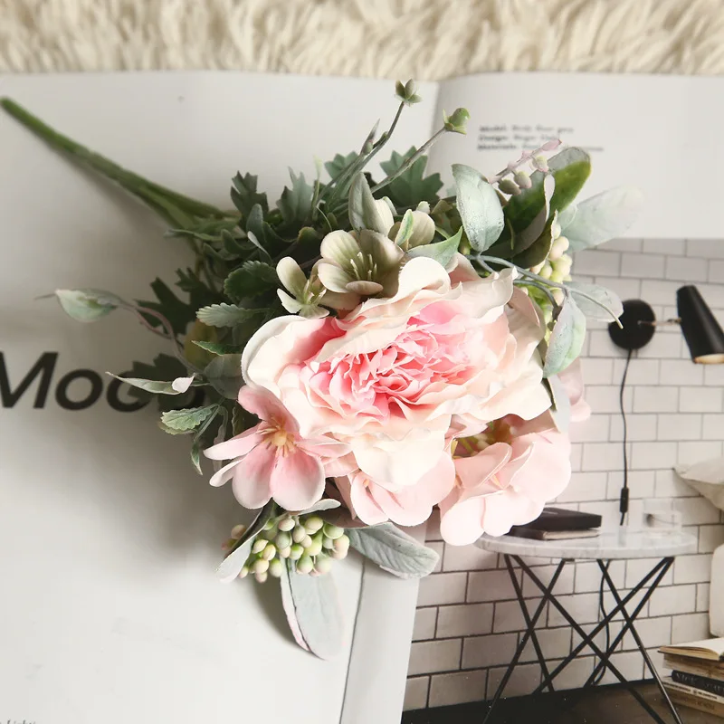 

1Bouquet Artificial Flowers Hydrangea Silk Bouquet Decoration Camellia Peony Rose Wedding Home Party Decor DIY Fake Flower