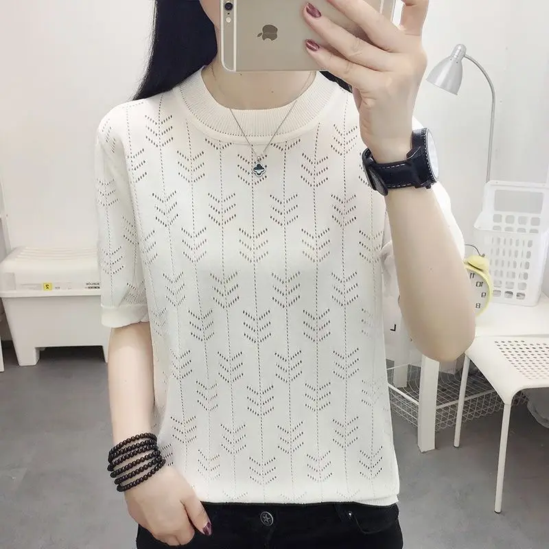 

Ice Silk T-shirt Round Neck Hollowed Out Short Sleeve T-shirt for Women