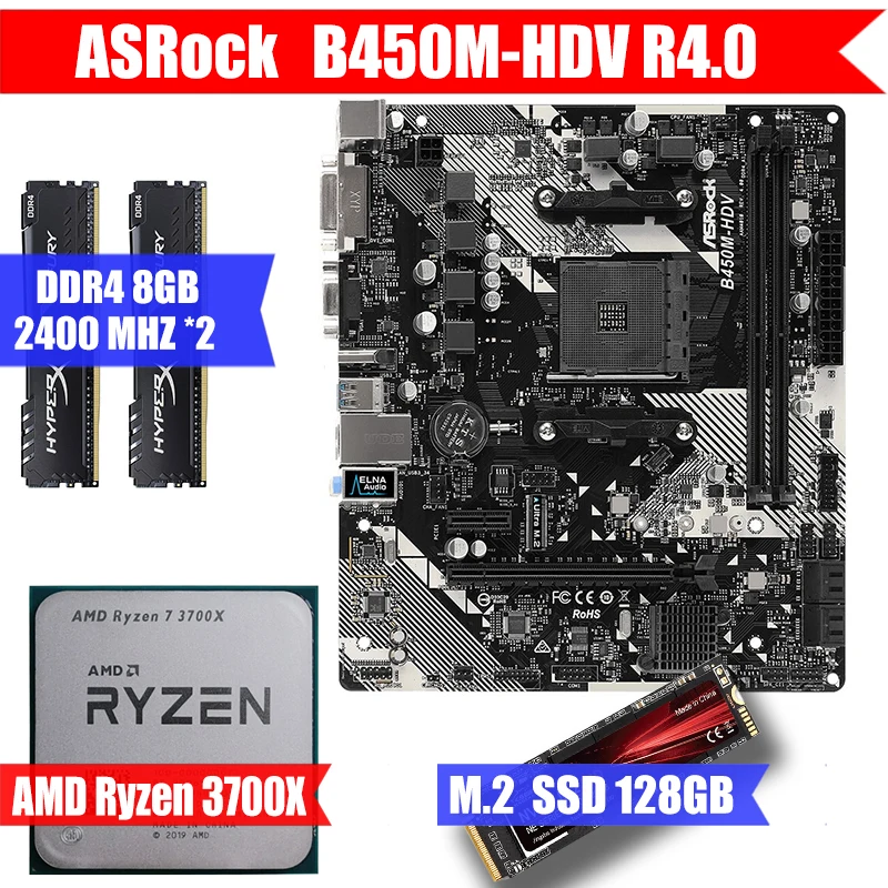 

ASRock B450M-HDV R4.0 & AMD Ryzen 7 3700X & Kingston DDR4 8GB*2 MEMORY & M.2 NVME 128GB SSD USB 3.1 Support AM4 R3 R5 R7 R9