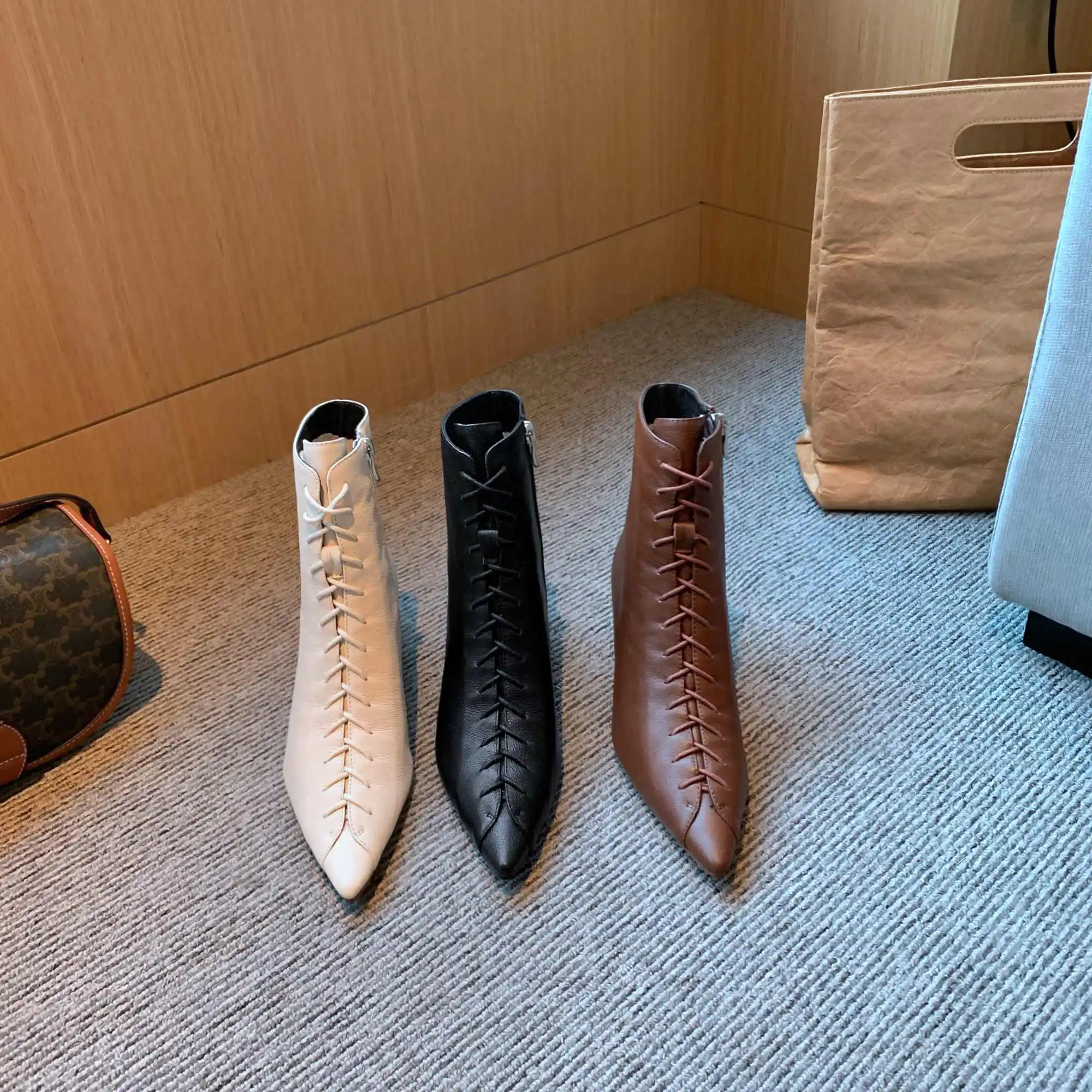 

Lenkisen work boots genuine leather classic colors cross-tied thick med heel pointed toe zipper office lady soft ankle boots L56