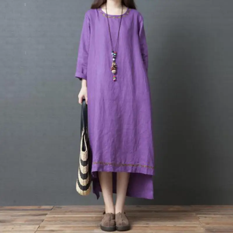 

Женское длинное Свободное платье, повседневное льняное простое однотонное платье с вышивкой и круглым вырезом, Осень-зима 2023