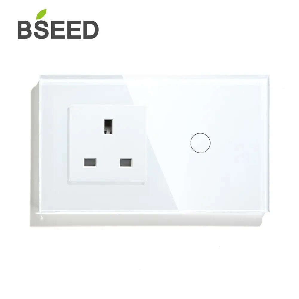 

BSEED EU UK Standard Touch Switch 1Gang 1 Way 2 Way Wall Switch With Socket 3 Colors Crystal Glass Panel Switch