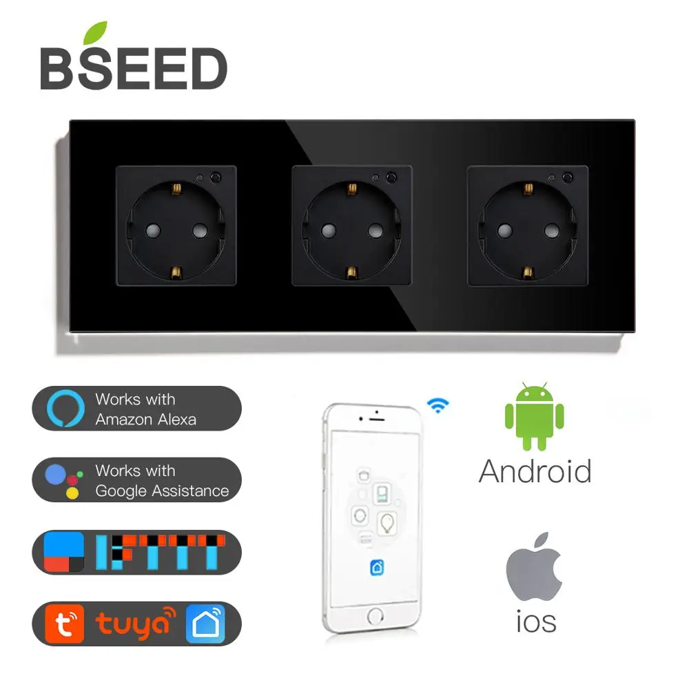BSEED Wifi Triple Socket EU Standard Wall 16A 110V-250V White Black Gloden Crystal Glass Panel For Smart Home | Обустройство дома