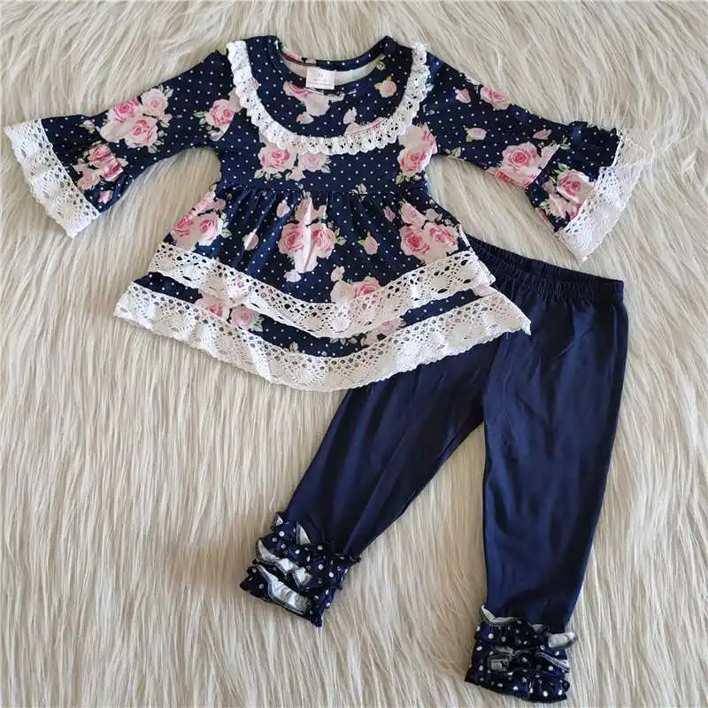 

Wholesale Fashion Baby Girls Clothes Fall Winter Flower Kids Lace Shirt Ruffle Navy Blue Pants Boutique Children Infant Outfit