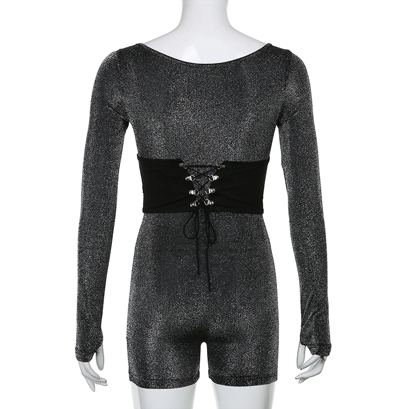 

Long Sleeve Autumn Biker Shorts Romper Solid Shiny Casual Playsuits With Corset Skinny Clubwear Workout Overalls Female