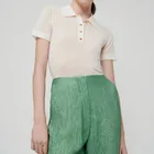 100% шерсть, Новинка лета 2021, модная однобортная универсальная Тонкая Повседневная футболка с коротким рукавом и отложным воротником