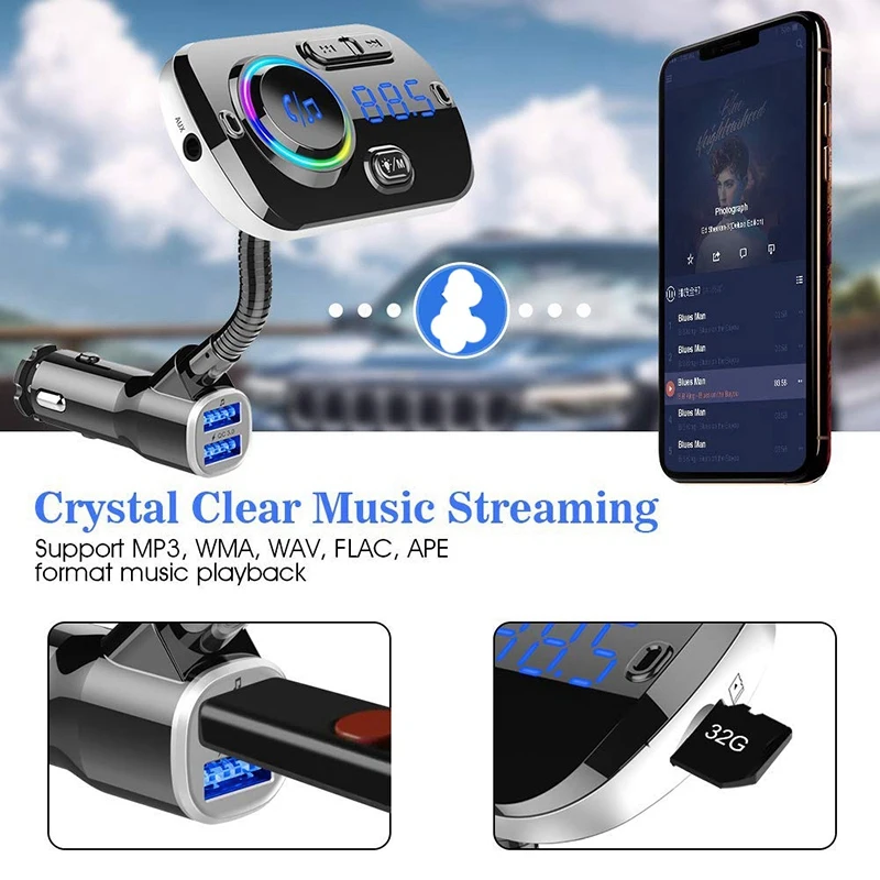 Bluetooth FM Transmitter BC49AQ for Car 7 Color LED Adapter with QC3.0 Charging Siri Google Assistant USB Flash Drive Mi | Автомобили и
