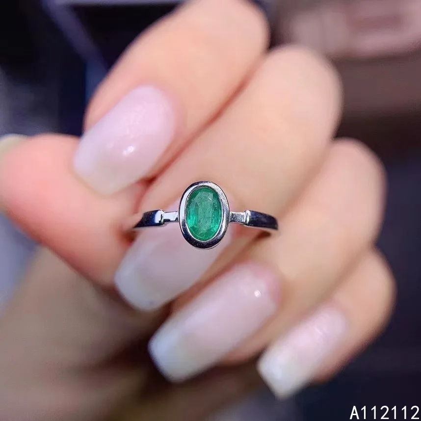 Fine Jewelry 925 Sterling Silver Inset With Natural Gemstone Women's Classic Trendy Oval Emerald Adjustable Ring Support Detecti