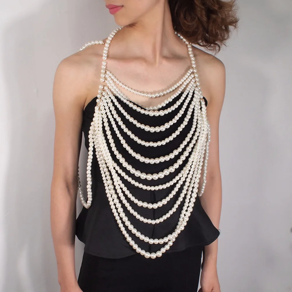 

Imitation Pearl Sexy Body Chain For Women Statement Multilayered Beaded Pendant Collar Necklace Party Fashion Jewelry 2022 New