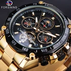 Часы наручные Forsining Мужские механические, автоматические золотистые люксовые с стальным браслетом, с датой и луной, с автоподзаводом