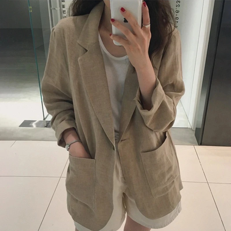 

Spring Autumn Korean Blazers And Jackets Cotton Linen Casual Oversized Coat Vintage British Style Loose 2021 New Women's Coats