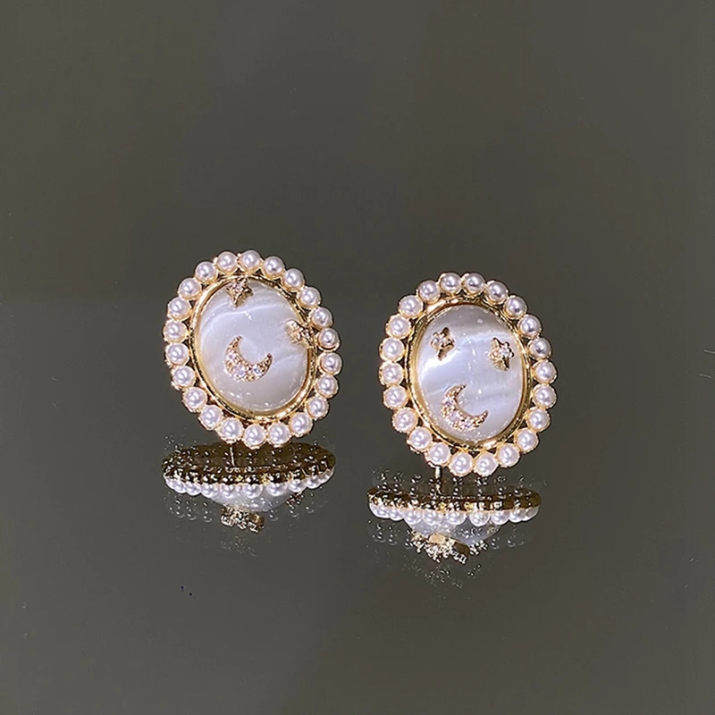 

MENGJIQIAO 2021 Korean Trendy Oval Opal Stud Earrings For Women Elegant Pearl Beads Zircon Star Moon Oorbellen Wedding Jewelry